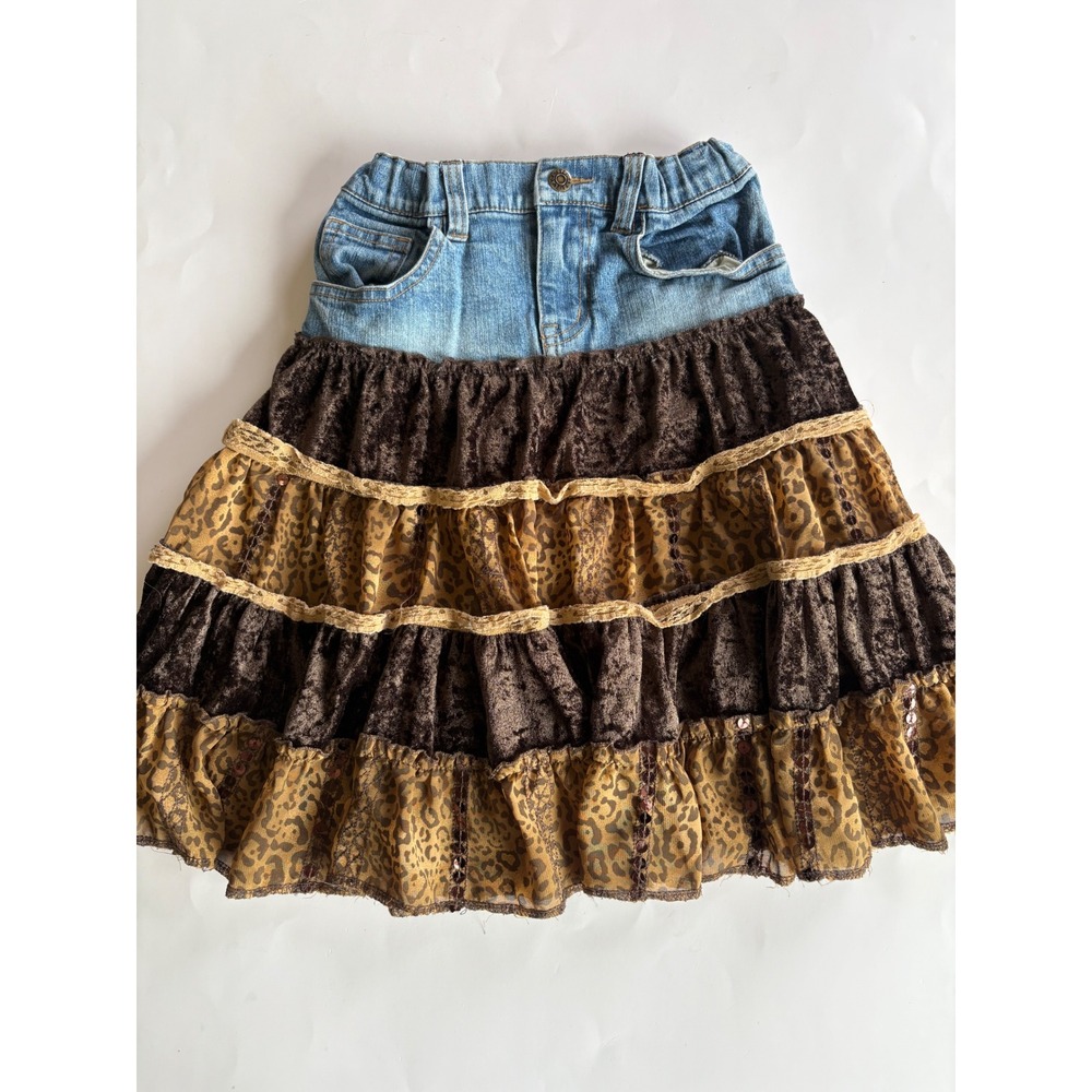 The Childrens Place Y2K Girls Denim Leopard Velvet Tiered Ruffle Skirt Size 6X 7